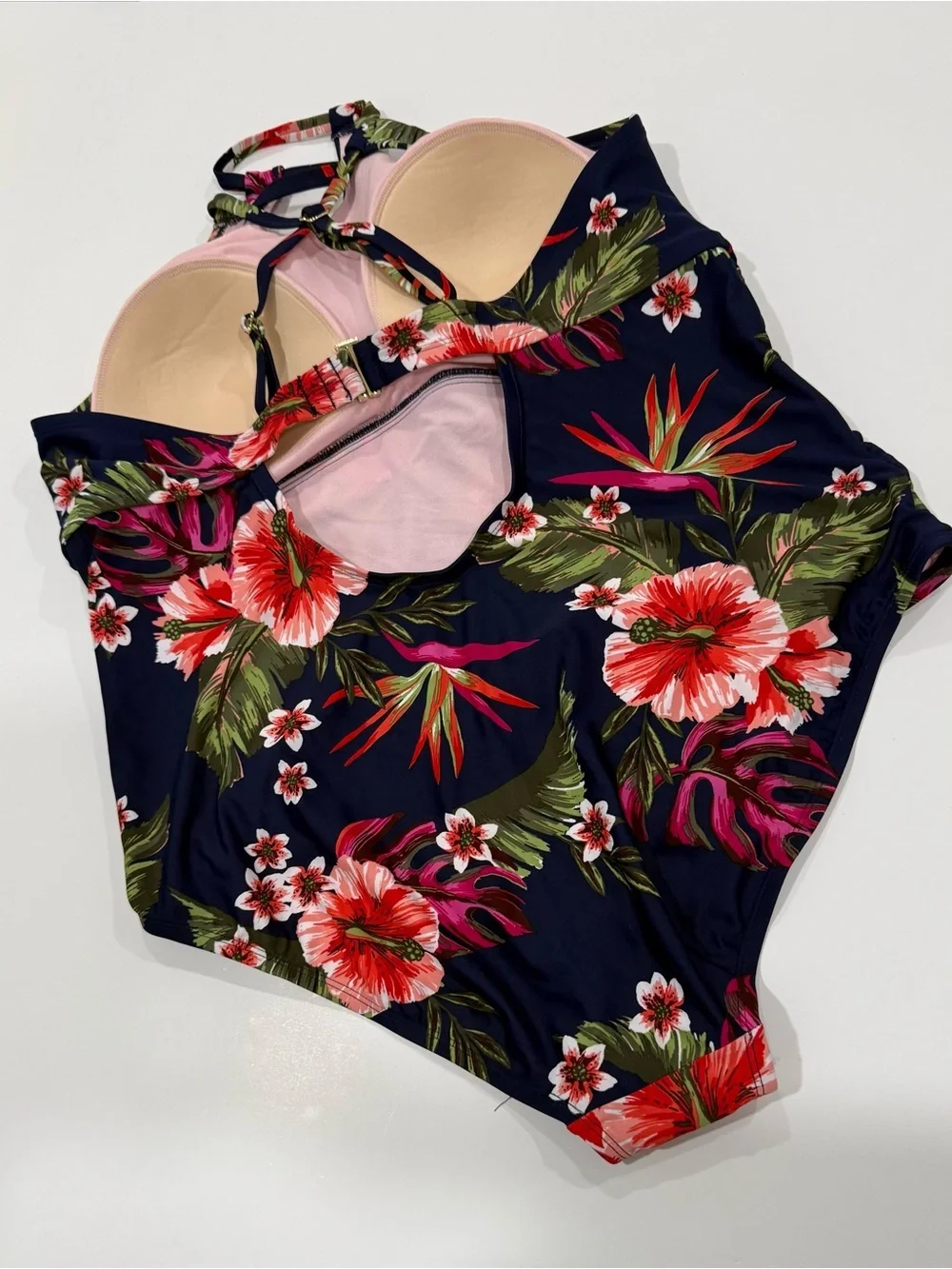 Kona Sol Keyhole Braided Strap One Piece Swimsuit Navy Tropical Hibiscus Size24W
